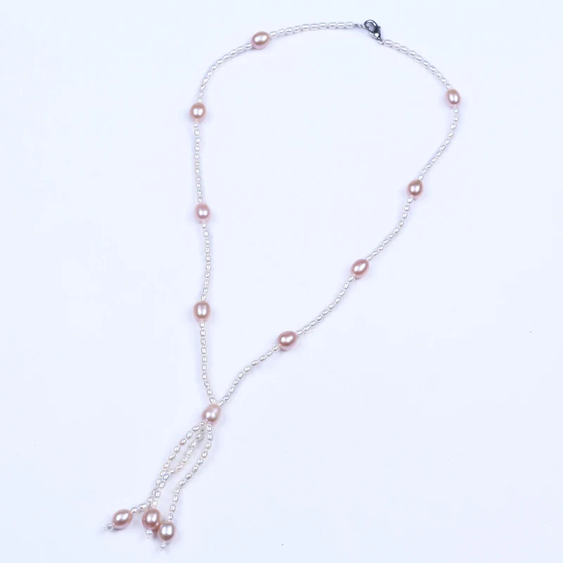 New style genuine real freshwater pearl necklace 3mm white 7mm pink AAA  rice shape pearl necklace tassel pearl necklace