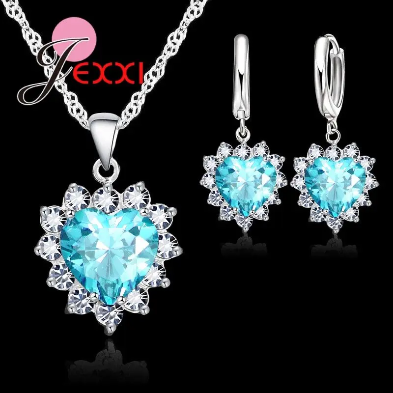 Fashion Heart Shaped Crystal Pendant 925 Sterling Silver Necklace Loop Earring Wedding Jewelry Sets Blue Zircon Accessory