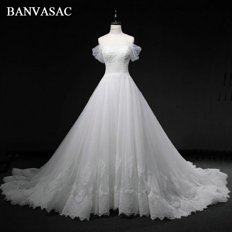 Banvasac vestido de casamento, fotos reais, barco, pescoço, baile, renda, apliques, manga curta, plus size, cauda, 2018