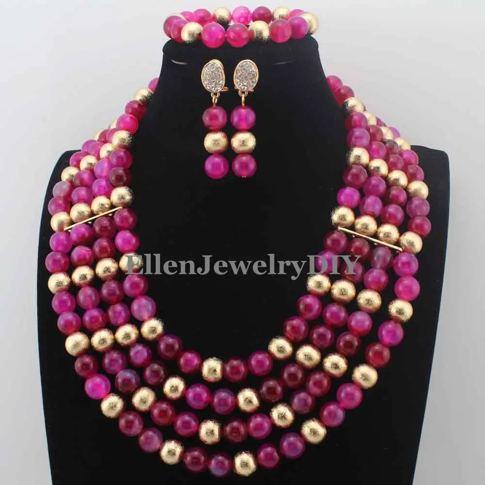 

Amazing Nigerian Necklaces Wedding Fuschia Pink Agete Beads Necklace Set ring Balls African Beads Jewelry Set Free Ship W13720