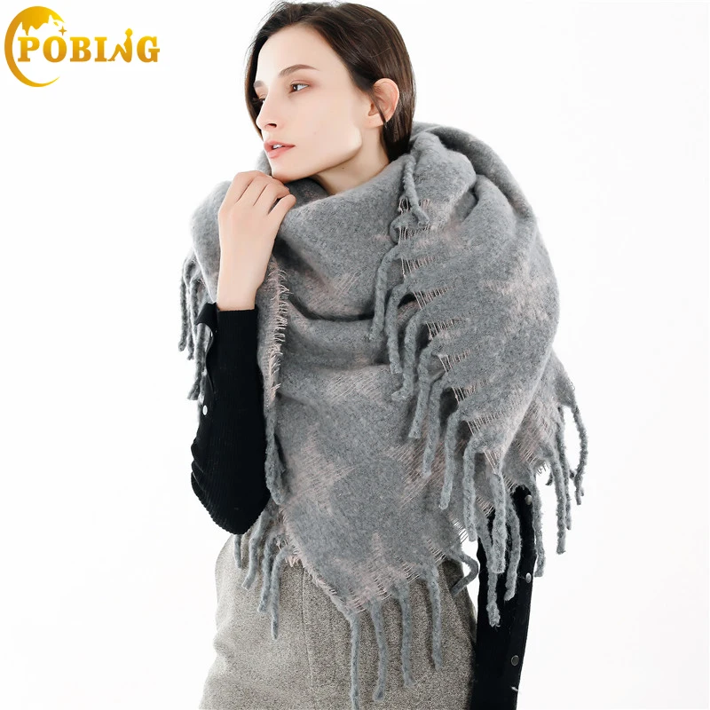 

POBING Brand Winter Scarf Women Star Print Soft Cashmere Scarves Wraps Basic Acrylic Wram Shawl Female Bufandas Tassel Blanket