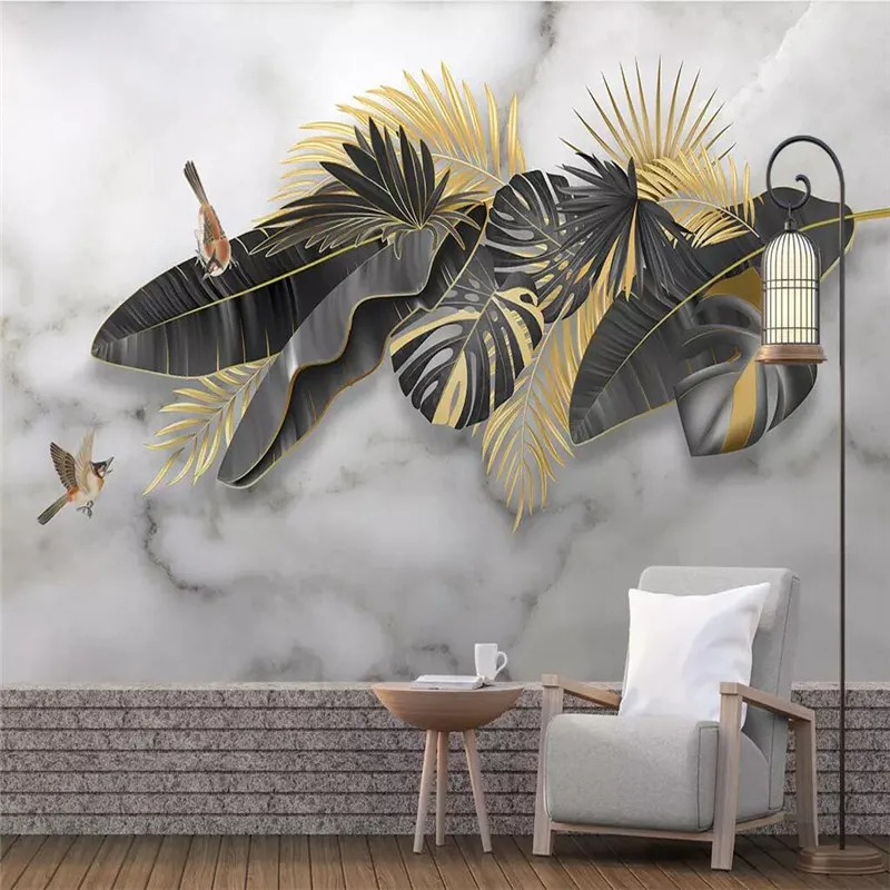 

Custom Mural Wallpaper Nordic Minimalist Hand-painted Tropical Plants Leaves Birds Background Wall