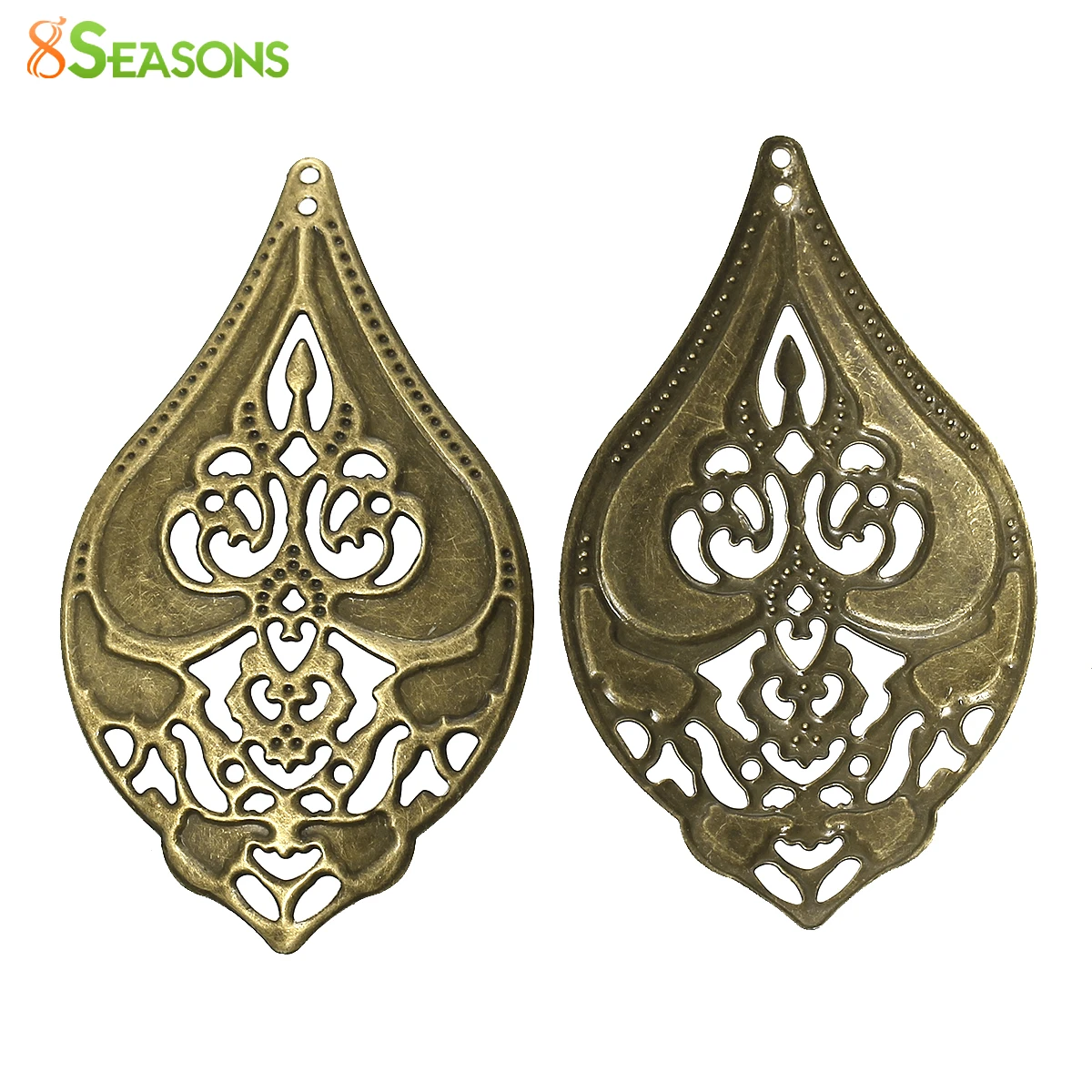 8Seasons Iron Alloy Filigree Stamping Pendants Teardrop Antique Bronze Flower Carved Hollow DIY Making Jewelry 7cm x 4cm, 50 PCs