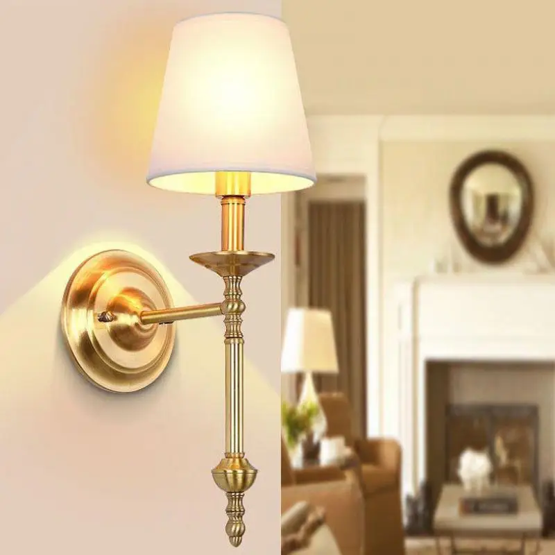 Project White Cloth Lampshade Wall Sconce Copper Led Wall Fixture For Foyer Hotel  E14*2 Dressing Room Bathroom Light Luminaire