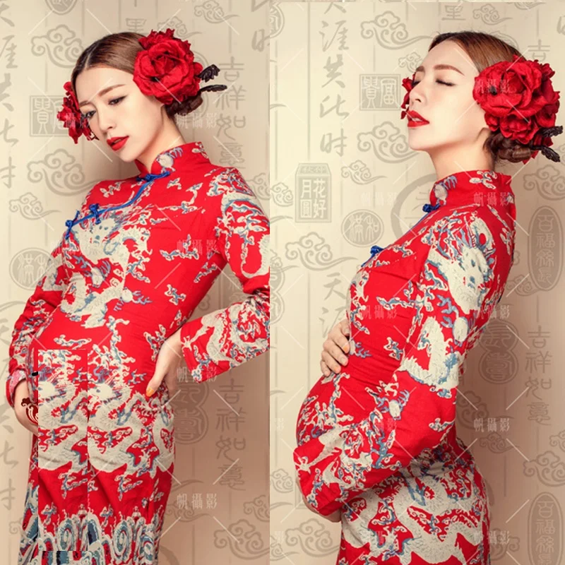 He Dong Shi Hou Chinese Style Cheongsam QiPao Costume Hanfu Pregnancy Mum Thematic Photography Costume Stage Performance Hanfu