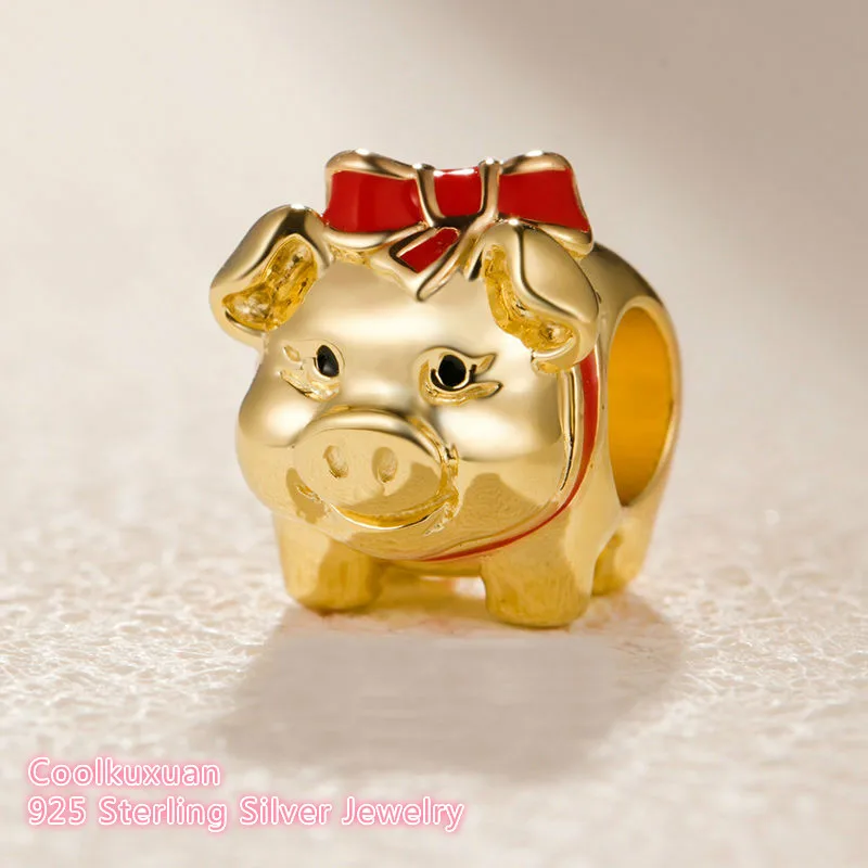 

Valentine's Day 925 Sterling Silver Gold color Piggy Bank Charm, Black & Red Enamel Fit Original Brand Charms Bracelet