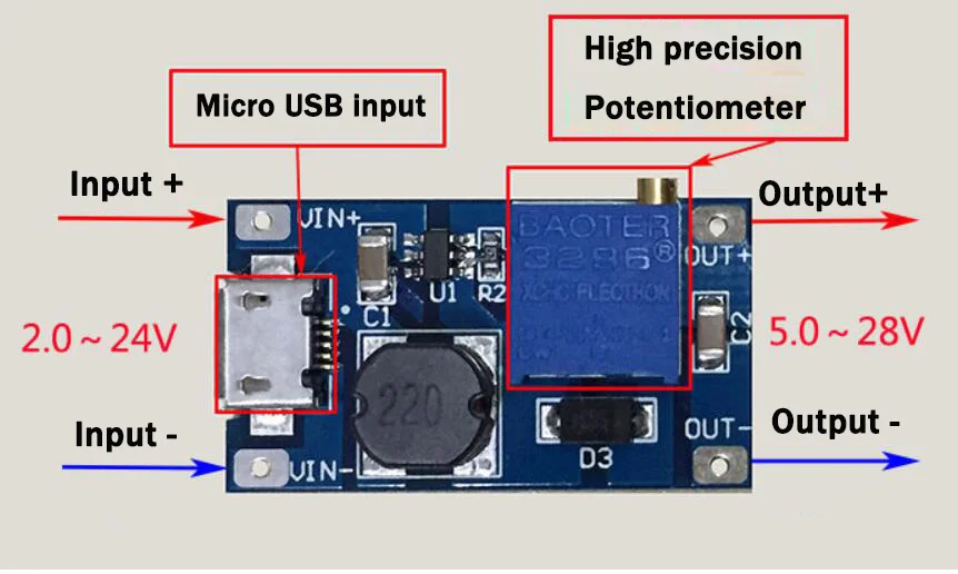 4pcs power supply DC-DC Adjustable Boost Module MAX Output 28V 2A Plate Step Up Module For Arduino MT3608