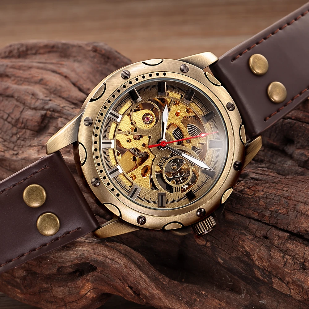 SHENHUA Retro Bronze Skeleton Men Mechanical Automatic Watches Male Sport Leather Self Winding Business Clock Relogio Masculino