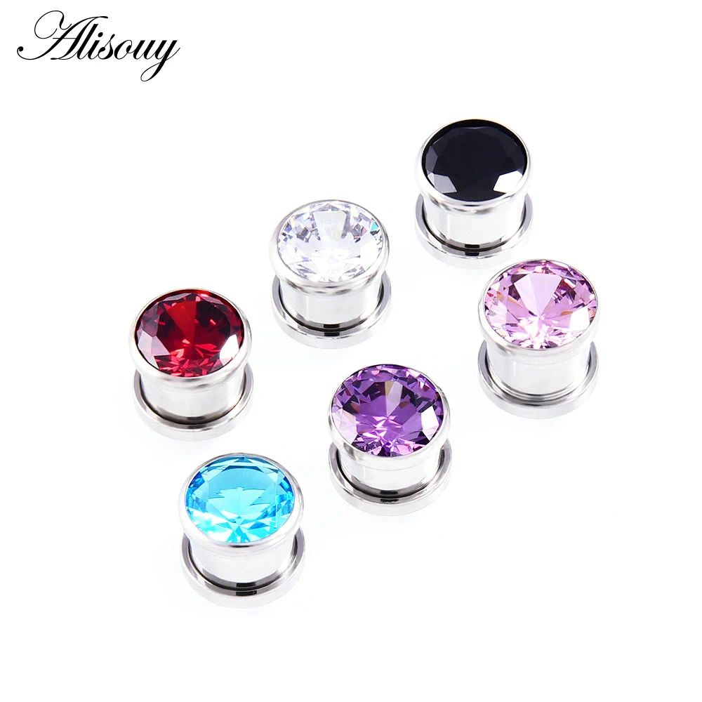 Alisouy 2 pieces Crystal Zircon Flesh Plug Tunnel Jewelry Screw Fit Ear Piercing Gauge Stretching Expander 4mm-16mm