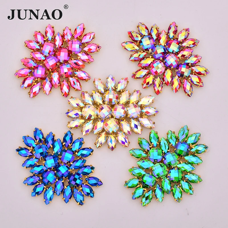 JUNAO 2pc 45*59mm Sew On Colorful AB Crystals Glass Flower Rhinestone Applique Flatback Gold Claw Strass Sewing Crystal Stones