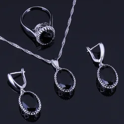 Heavenly Big Oval Black Cubic Zirconia Silver Plated Jewelry Sets Earrings Pendant Chain Ring V0264