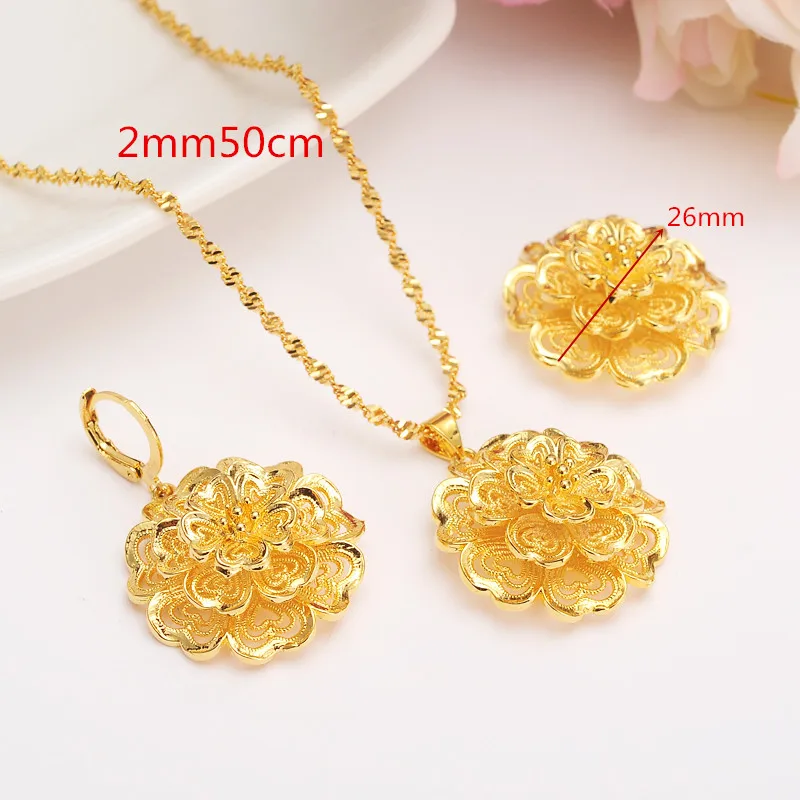 Bangrui Ethiopian Gold Color Flower set Jewelry Pendant Chain Earrings African Bride Wedding Flower Bijoux