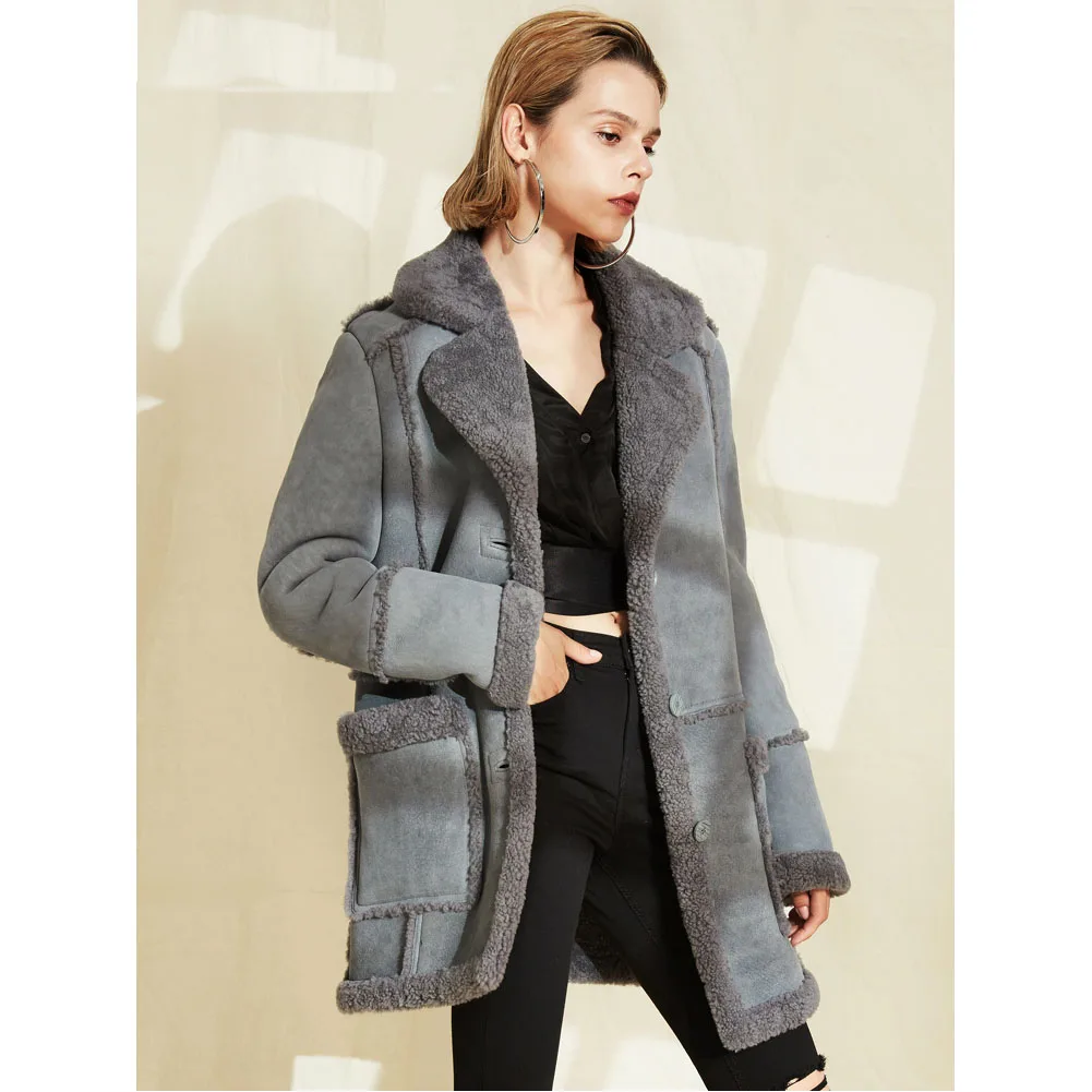 Denny&Dora Women's Winter Long Warm Sheepskin Shearling Bomber Jacket