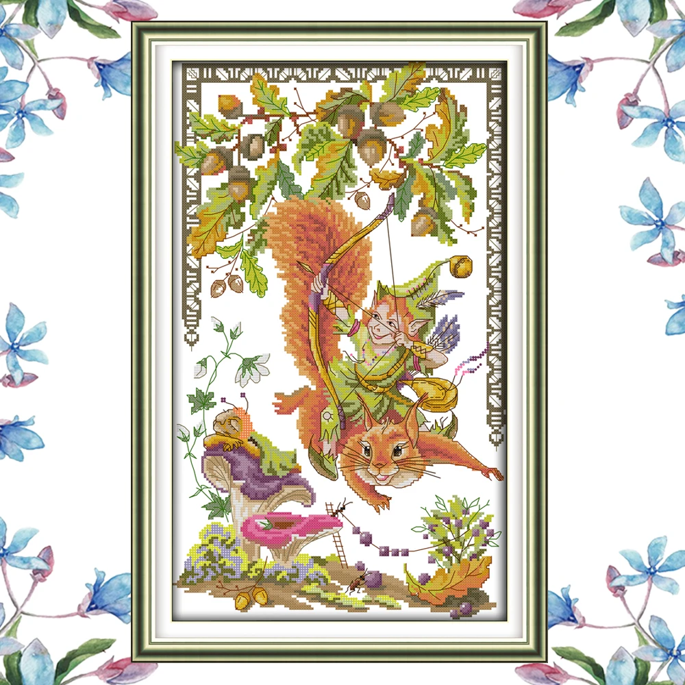 NKF Squirrels and Elve Animal Counted Cross Stitch 11CT 14CT Cross Stitch Kits Embroidery for Home Decor Needlework Cross Stitch