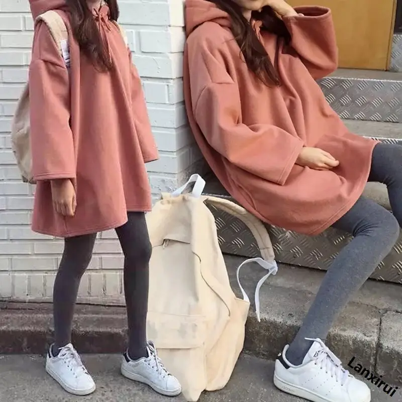 Fashion New Women Harajuku Style Loose Hoodies Females Long Solid Color Hooded Tops Womens Bf Korean Female Pullover Students