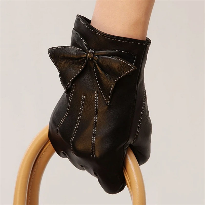 Promotion Limited Women Gloves Wrist Bow-knot Sheepskin Glove Solid Fashion Real Genuine Leather For Dressing L055PQ