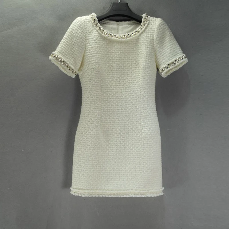 

white tweed dress spring / autumn / winter advanced custom small fragrant wind short-sleeved dress bottoming ladies woolen dress