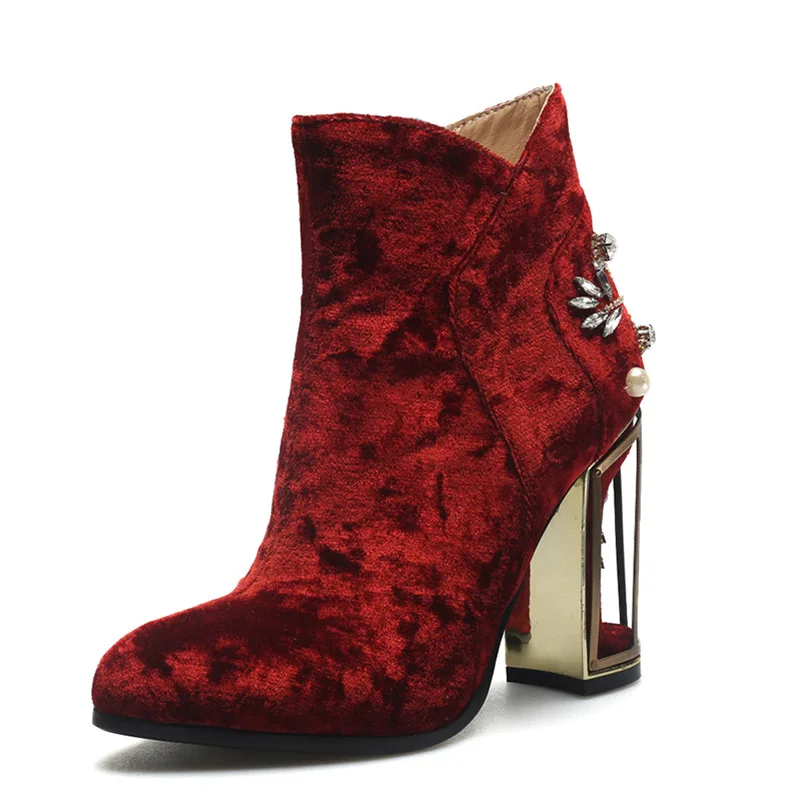 Phoentin crystal flower ankle boots pearl metal fretwork super high heels beautiful zipper women boots red shoes FT270