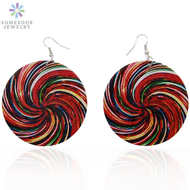 SOMESOOR Printing Lollipop Bohemian Wooden Drop Earrings 6cm Flat Round African Wood Pendant Ear Jewelry For Women Girl Gifts