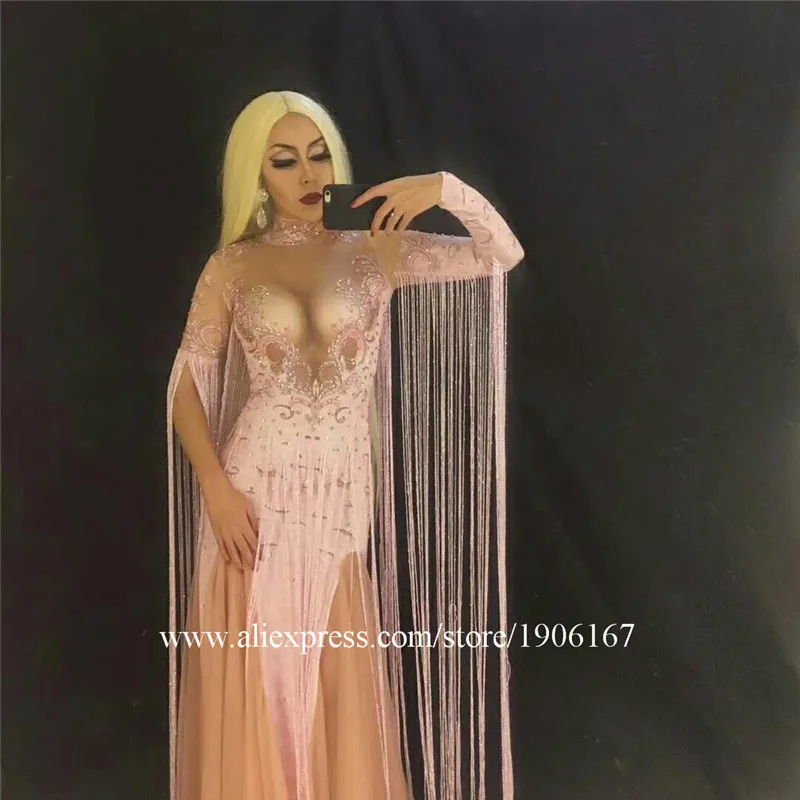 Sexy Lady Fringed Long Skirt Trailing Stage Costume Nightclub Party Evening Dress TV Show Performance Dance Wear