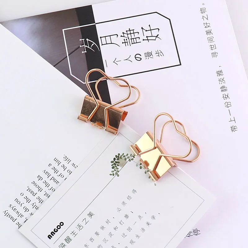 TUTU 12pcs/lot Solid Color Rose Gold Metal Binder Clips Notes Letter heart shape Paper Clip Office Supplies H0026