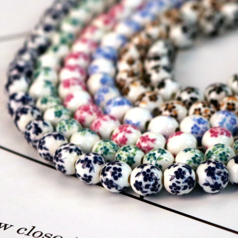 Wholesale 100pcs/lot 8mm 10mm Handmade Round Flower Design Ceramic Porcelain Loose Beads Jewelry Bracelet DIY Beads Accessories