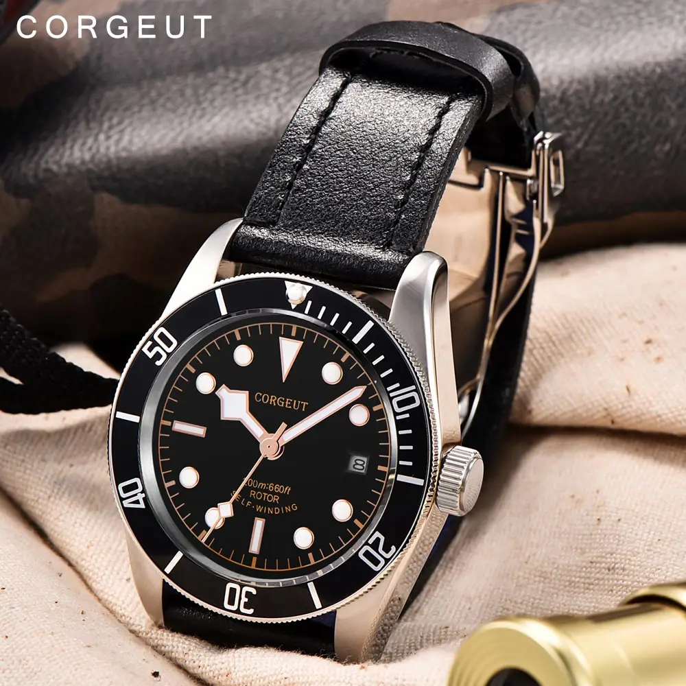 Corgeut Military Schwarz Bay Men NH35 Movement Automatic Luxury Brand 41mm Sport Swim Clock Leather Mechanical Wrist Watches