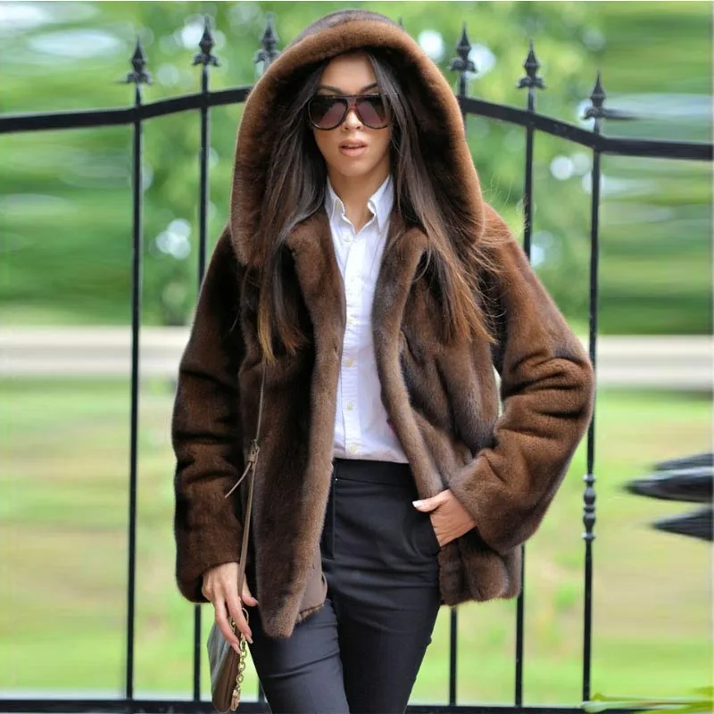 BFFUR Fashion Women Real Mink Fur Coat With Hood Winter Warm Natural Mink Fur Jackets Luxury Female Overcoats Full Pelt Woman