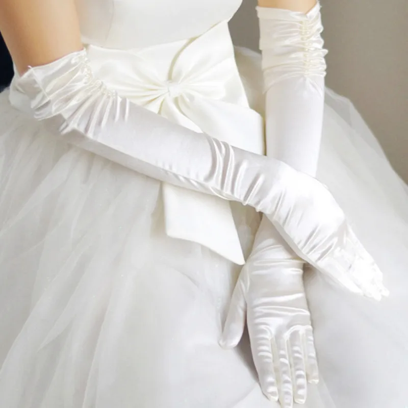 JaneVini 2019 Trắng Dài Bridal Găng Tay Elbow Chiều Dài Người Phụ Nữ Găng Tay Đám Cưới Đầy Đủ Ngón Tay Găng Tay Găng Tay Satin Găng Tay Găng Tay đối với Đảng Evening