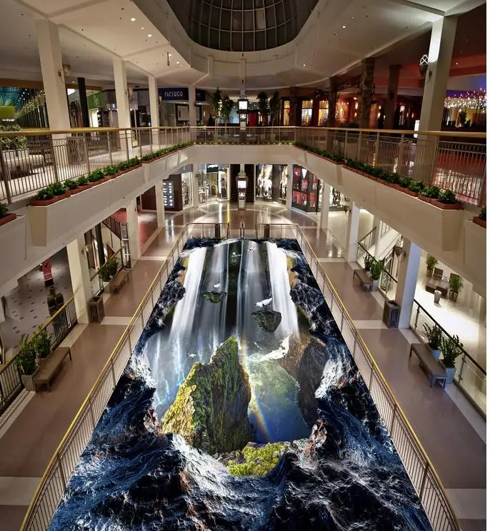 

Custom 3D Painting Floor Wallpaper PVC Adhesive Cave Waterfall Scenery 3D Flooring Modern Custom 3D Floor Mural