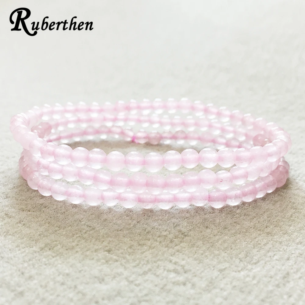 Ruberthen Fashion Design 4 mm Rose Quartz Stacking Bracelet set 3 Wrap Mini Gemstone Energy Bracelet Best Gift for Girls