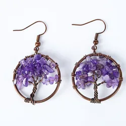 Vintage Tree of Life Women Drop Earrings Round Natural Chip Gem Stone Purple Pink Crystal Tourmaline Dangle Hook Earring Jewelry