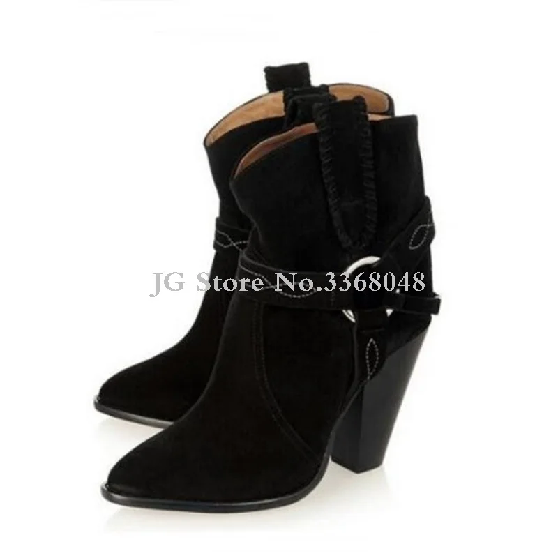 2018 Autumn Winter New Hot Spike High Heels Botas Shoes Woman Ring Belt Decor Buckle Ankle Boots Pointed Toe Boots Female