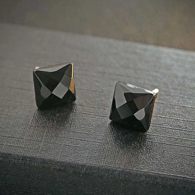 Genuine Real Pure Solid 925 Sterling Silver Stud Earrings for Men Women Jewelry Black Square Round Stone Male Female Earrings