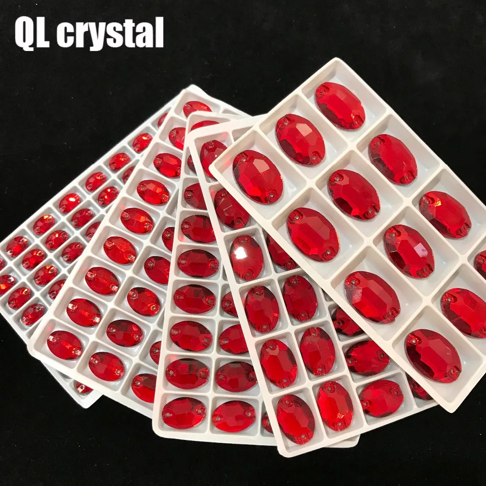 ALL Size Red Oval Sew On Crystal Rhinestones Flatback with 2 holes for Making wedding dress  bags shoes accessories