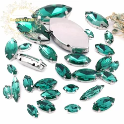Silver Claw Setting 30pcs/Bag Malachite Green Horse Eye Shapes Mix Clear Gass Crystal Sew On Rhinestone Wedding Dress Shoes Bag