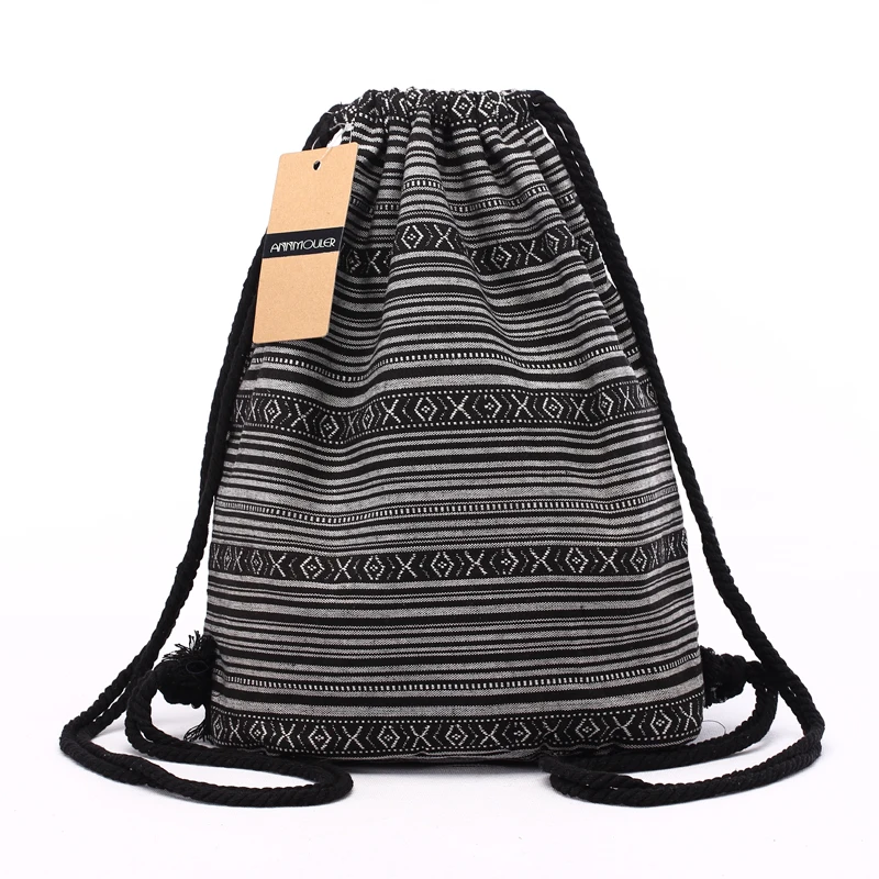 Annmouler Vintage Bacpacks Women Aztec Chic Drawstring Backpack Gypsy Bohemian Hobo Bag Folk Tribal Ethnic Fabric String Bag