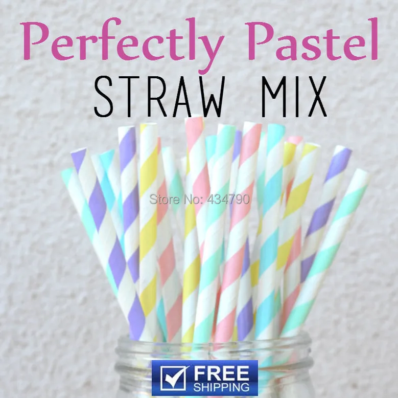 

250 Pcs Mixed 5 Designs Perfectly Pastel Paper Straws, Mint, Light Blue, Baby Pink, Light Yellow, Lilac Striped Drinking Straws