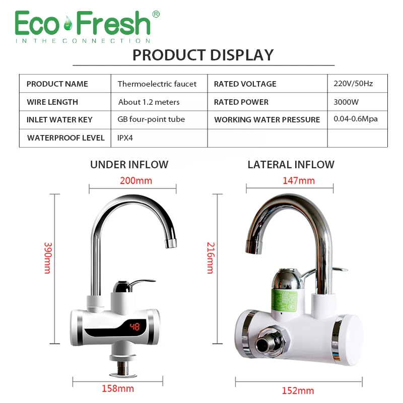 Ecofresh 전기 수도꼭지 즉석 온수기 수도꼭지 히터, 냉난방 수도꼭지, 탱크리스 즉석 온수기