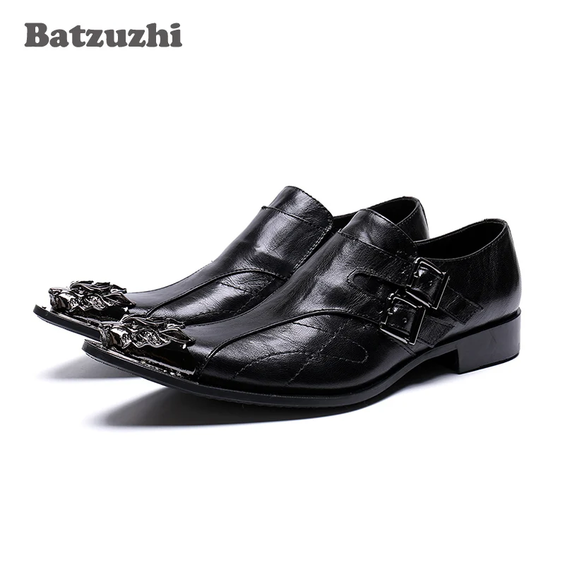 

Batzuzhi Italian Leather Mens Dress Shoes Fashion Metal Pointed Toe Black Business Leather Dress Shoes Men Party and Wedding