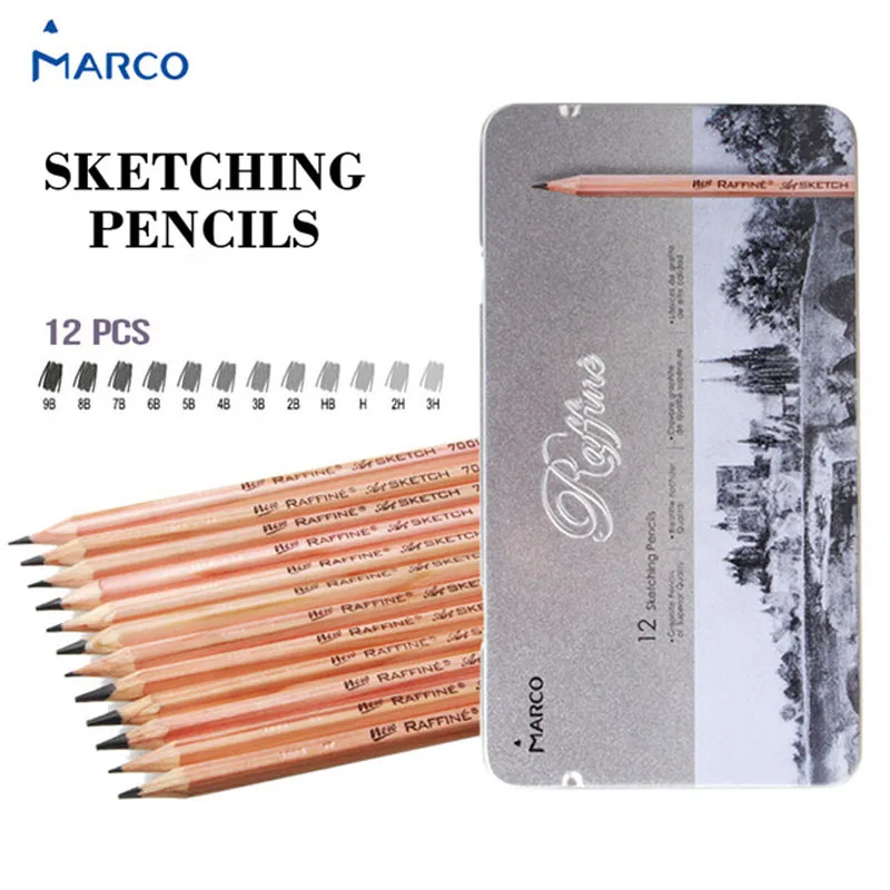 Marco 12Pcs 3H-9B Soft Safe non-toxic Sketching Pencils Professionals Drawing Office School Sketch Wood Pencil Art Supply