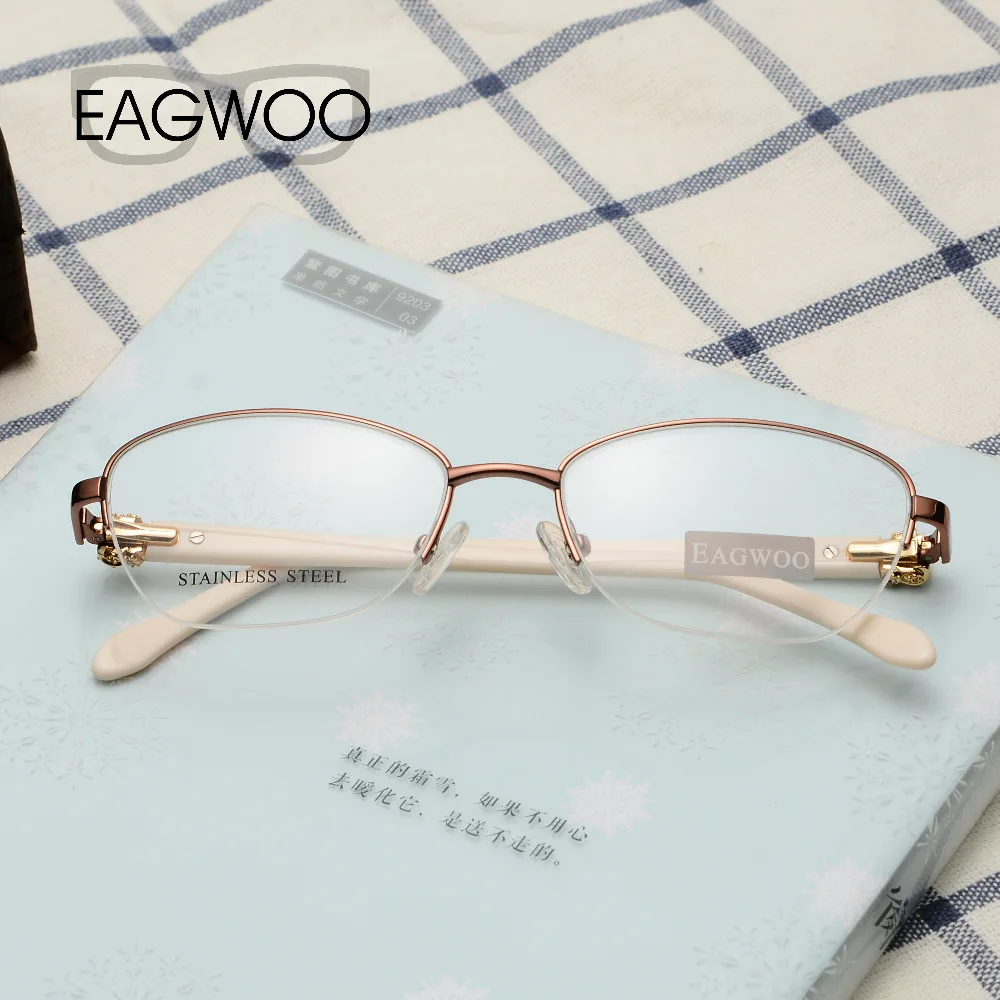 EAGWOO Women Vintage Designed Diamond Eyeglasses Half Rim Optical Frame Prescription Brand Eye Glasses Green Pink Blue 7815