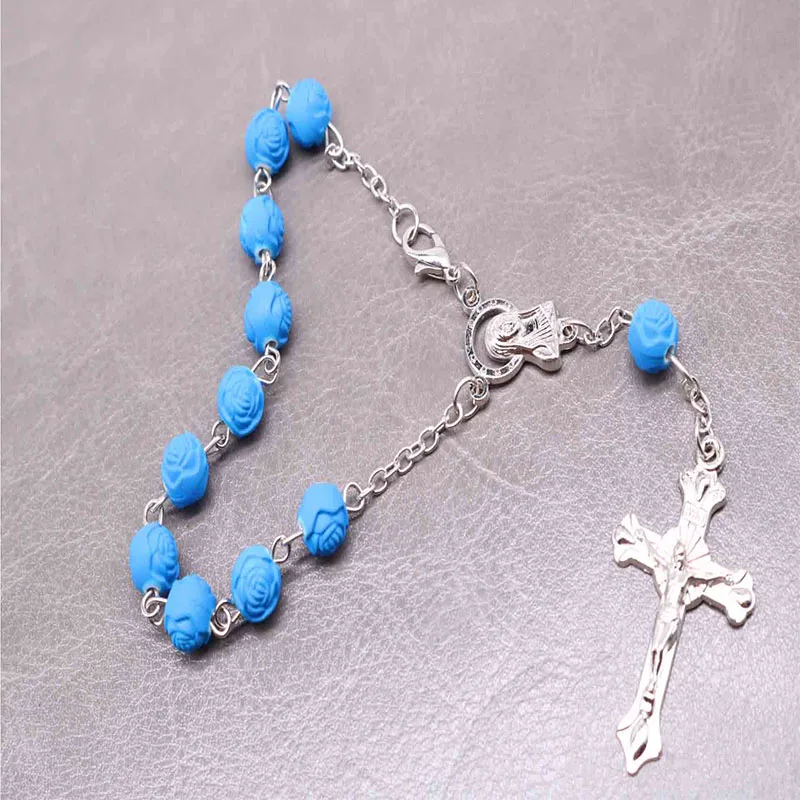 

48 Wholesale Bracelets Ten Years Fashion Crystal Rose Acrylic Rose Beads Rosary Cross Bracelet Wholesale,