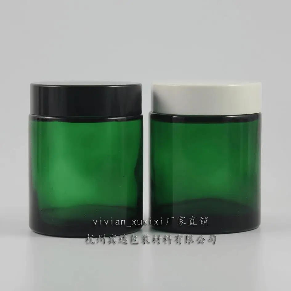 

20pcs wholesale 100g green glass cream jar with black or white plastic lid, 100 grams cosmetic jar, 100ml mask cream container