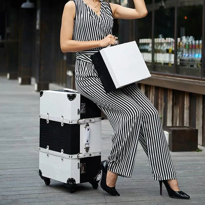 Women Retro wooden suitcase spinner trolley bag with Cosmetic case lady 20 24 26 vintage rolling luggage sets handbag on wheels