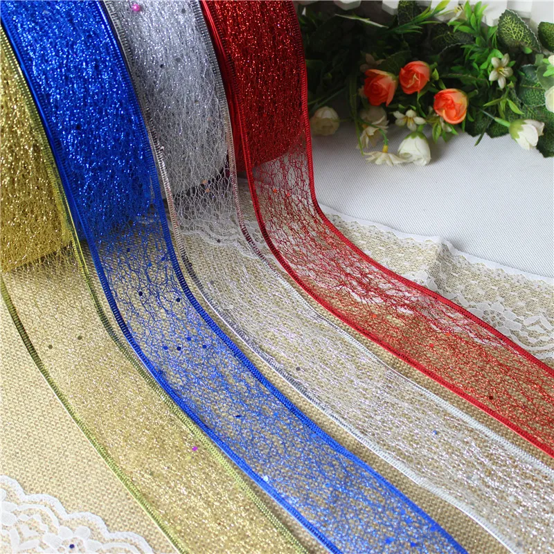 2M Glitter Ribbon Blue White Gold Ribbons Wedding Birthday Party Ribbons For Crafts Christmas Tree Decoration Accessories