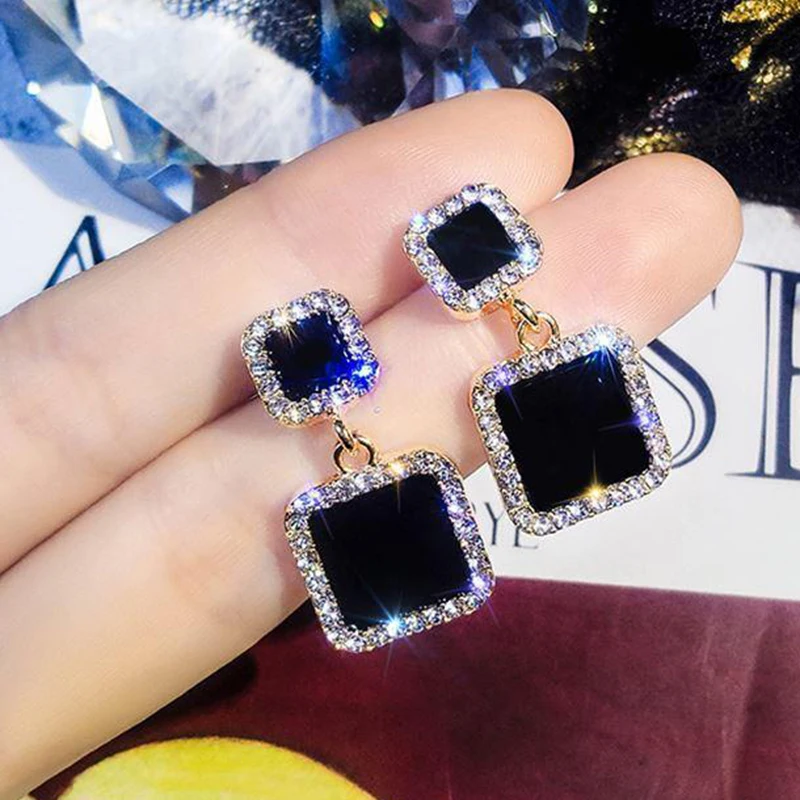 IPARAM Trend Korean Black Square Rhinestone Earrings Fashion Crystal Geometry Female Pendant Earrings Jewelry