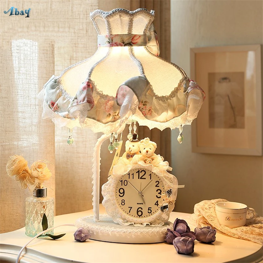 Korean Fabric Lace Mediterranean Table Lamps for Bedroom Bedside Princess Room Watch Creative Children's Desk Lights Fixtures