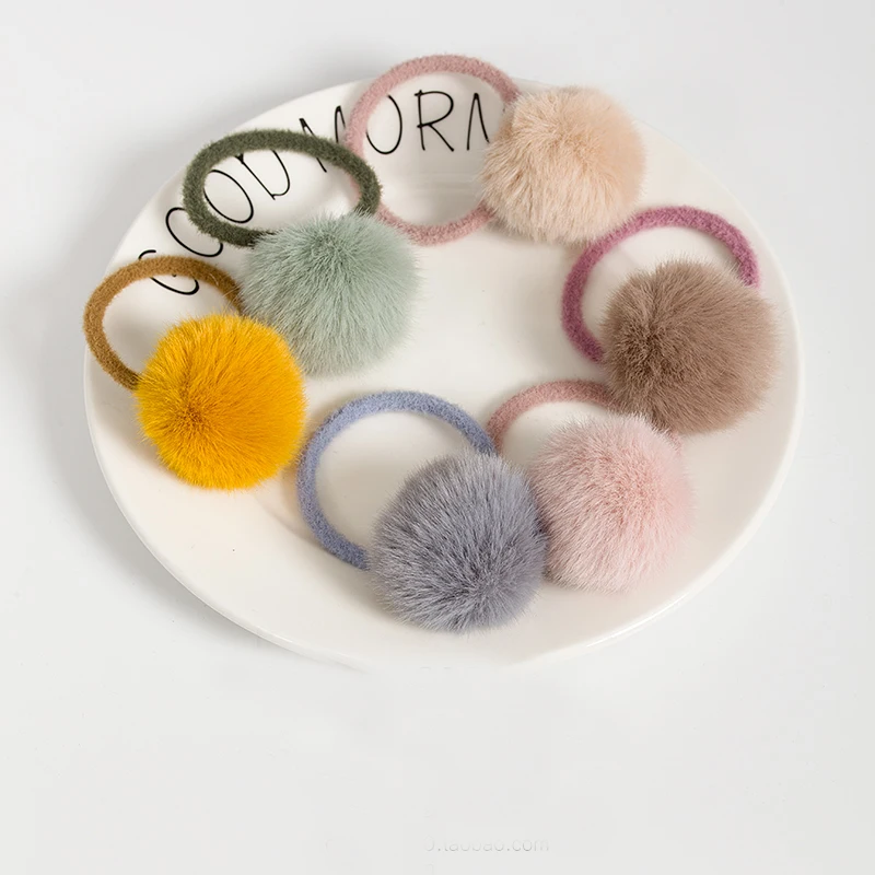 Baby Girl Cute Mini Faux Fur Ball Solid Color Pompon Elastic Hair Band Scrunchy Lovely Kids Rubber Headbands Hair Accessories