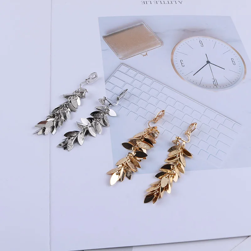 Bohemia Ethnic Vintage Copper Leaves Sequins Tassel Long Clip Earrings Without Piercing For Women Luxury Wedding Dangle Ear Clip